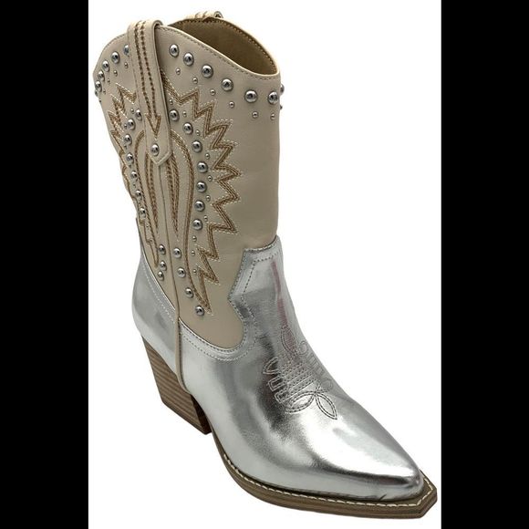 Dolce Vita Women's Aledo Contrast Stitch Studded Cowboy Boots Silver - Medium - Picture 1 of 3